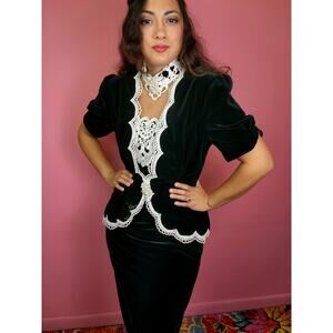 Vintage Scott McClintock Dark Emerald Green Velvet Lace & Pearl Peplum Dress